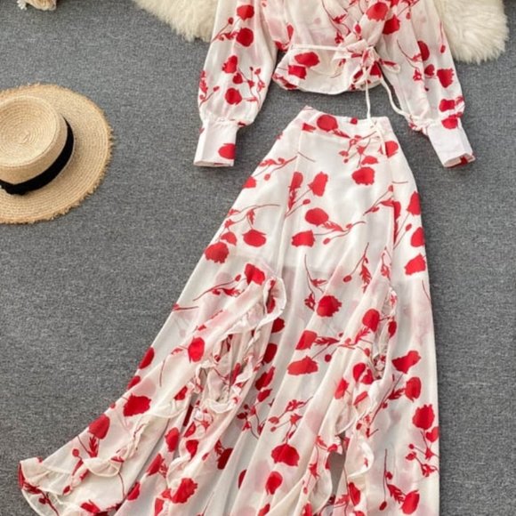 Women's V Neck Long Sleeve Chiffon Printed Dress - Picture 6 of 16